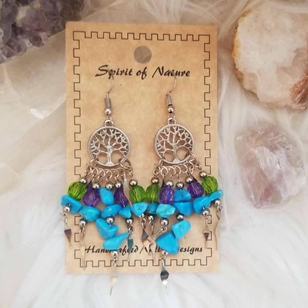 Boho Tree of Life Earrings Blue Purple Green